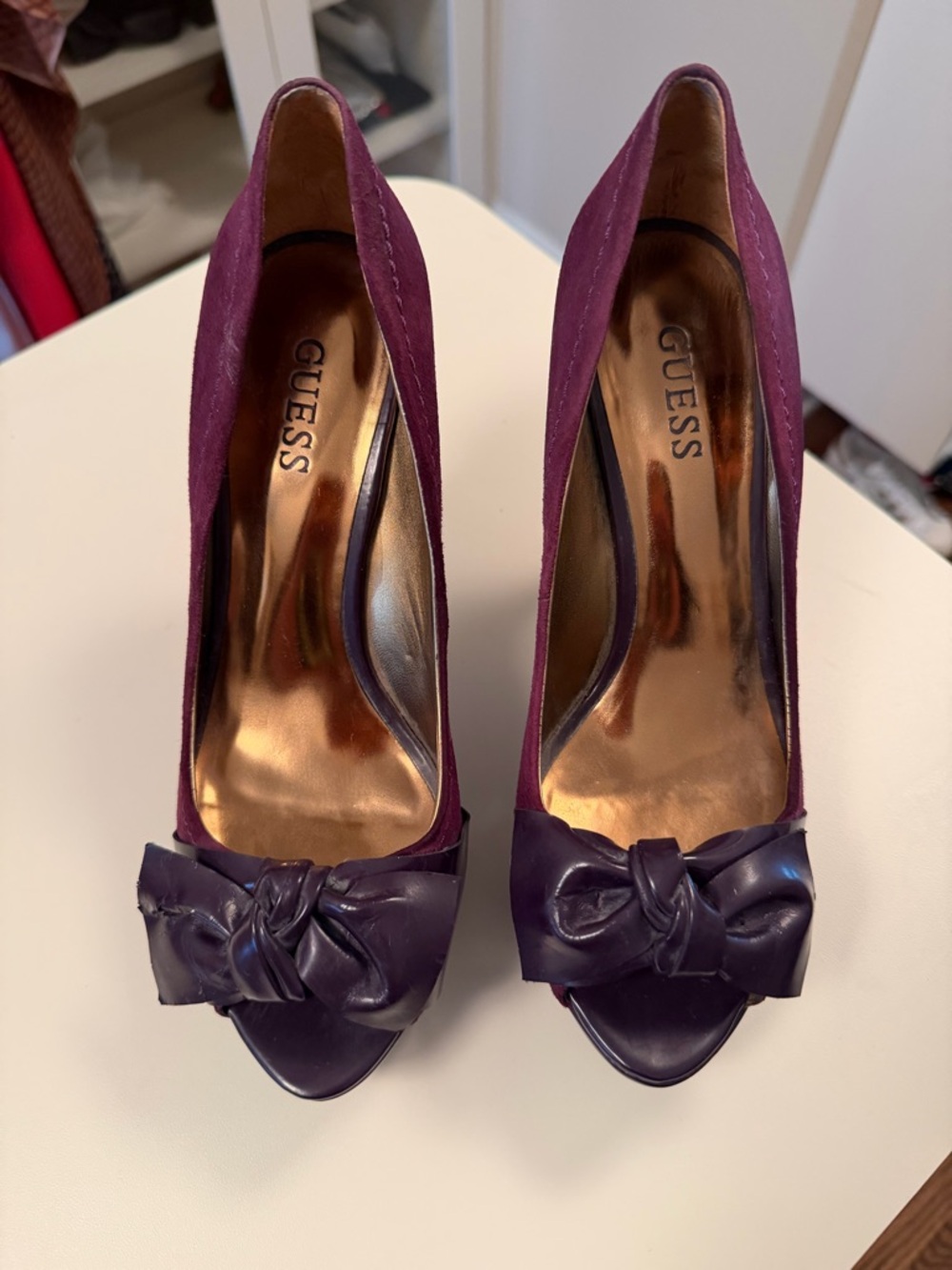GUESS Plum Suede Bow Peep Toe Heels | Purple Platform Pumps |Women’s Dress Shoes